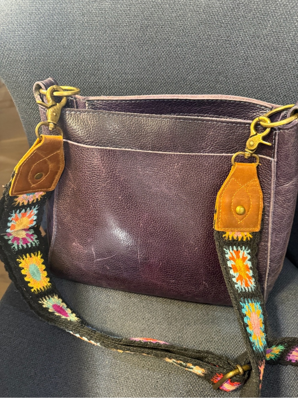 Portland Leather dark blue Leather Bucket Bag with Embroidered Strap